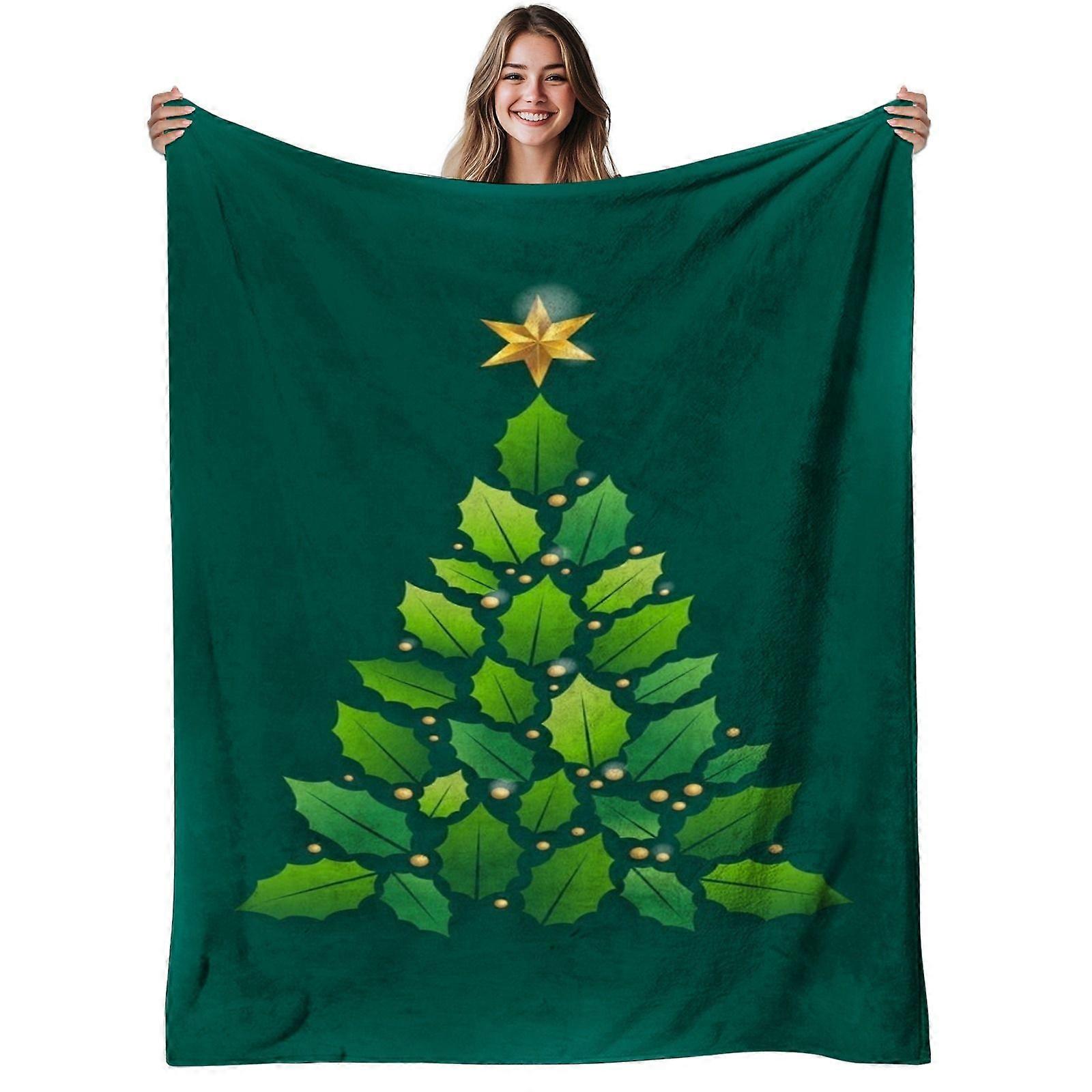 1pc Christmas Tree Flannel Blanket | Soft, Warm, Minimalist Green Leaf Design, Polyester, 280gsm, All-Season Use, Ideal -mnbvc76