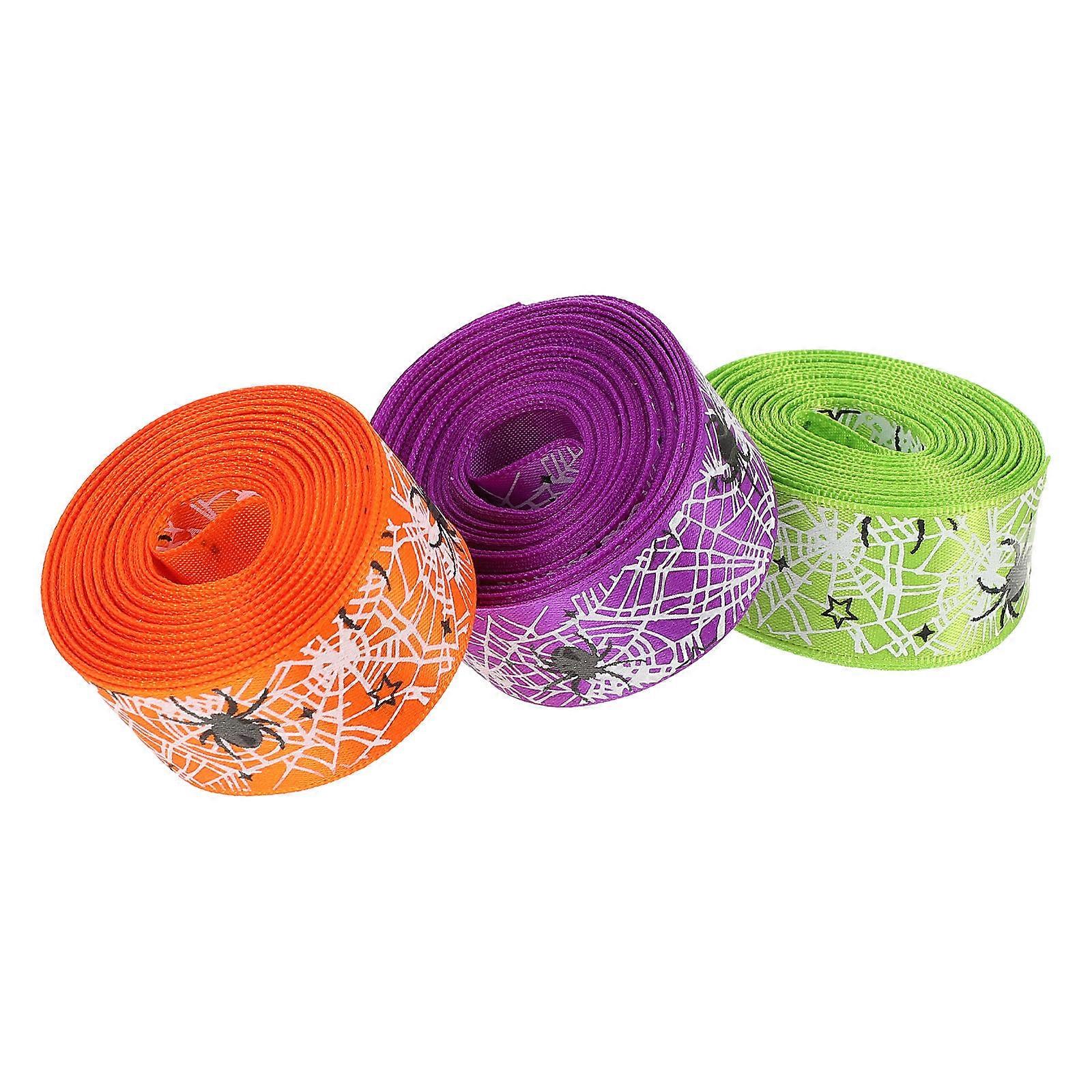 Assorted Color Polyester Halloween Table Decorations Ribbon with Spiderweb Design for Home Use 3 Rolls