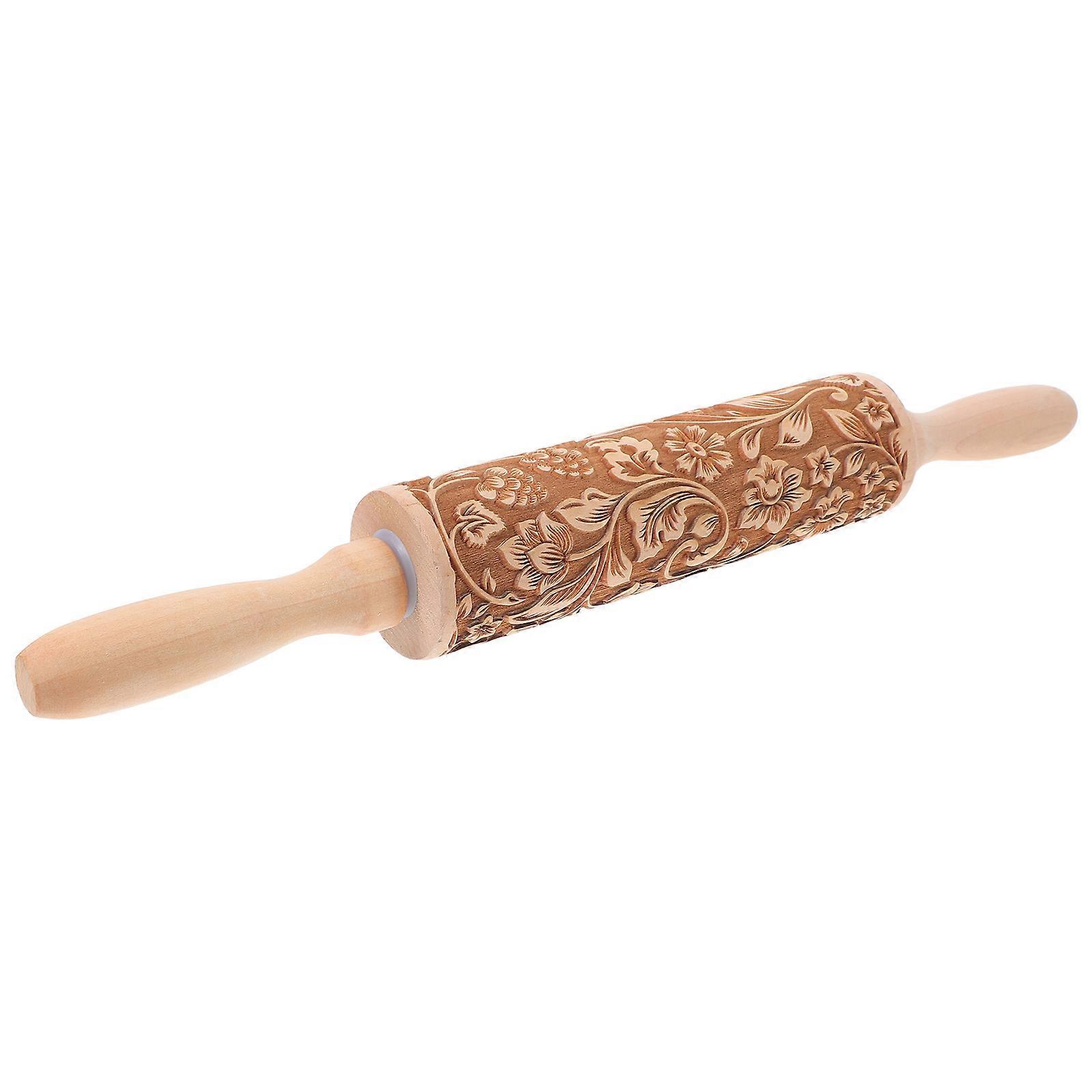 Khaki Wooden Rolling Pin for Baking with Embossed Patterns Enhances Dough Efficiency