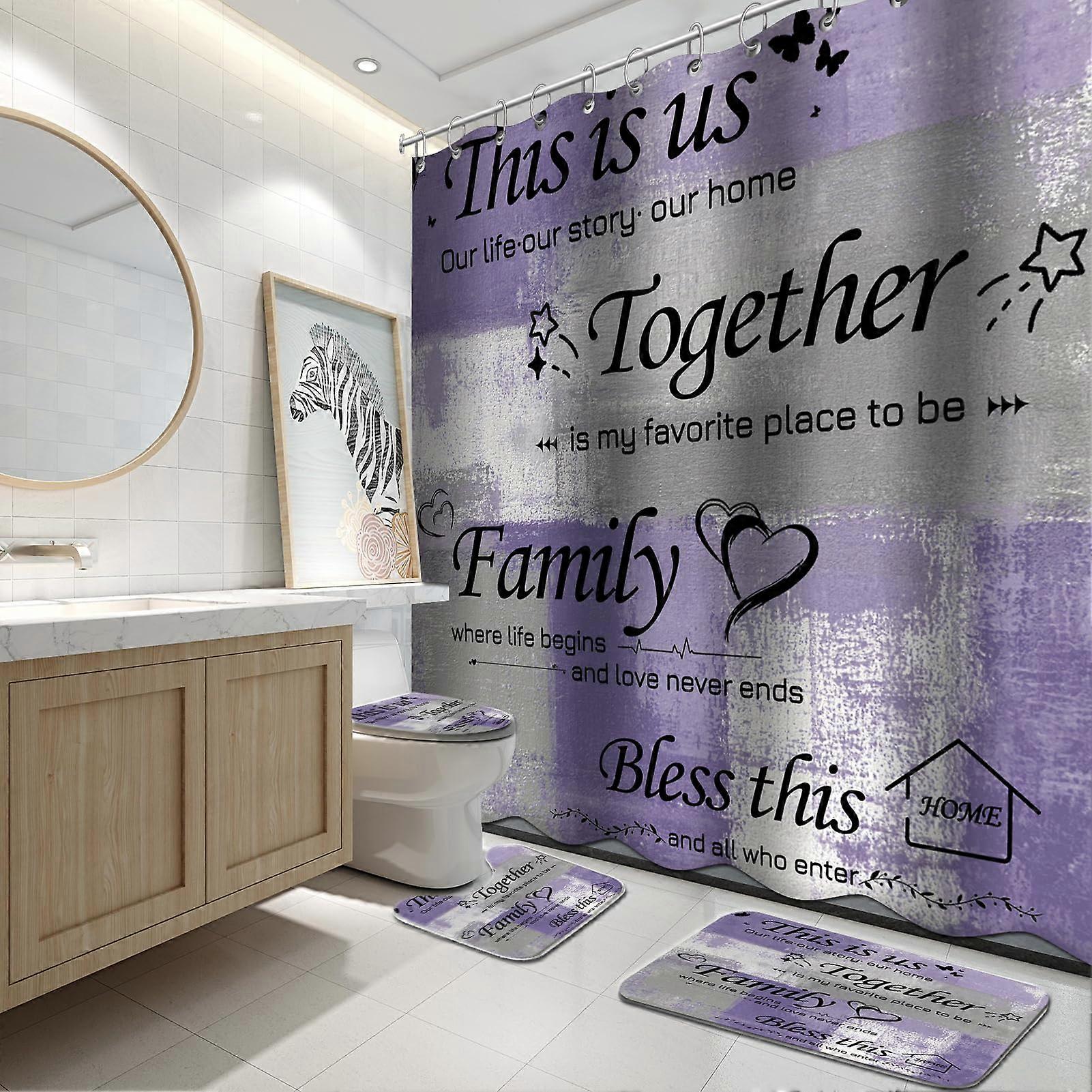 Bathroom Shower Curtain Set Purple Grey 5Piece Waterproof with AntiSlip Memory Foam Mats