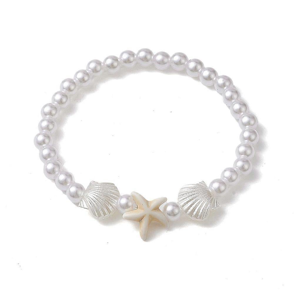 Plastic Imitation Pearl Beaded Stretch Bracelet Seashell color Inner Diameter: 2-1/8 inch(5.4cm)