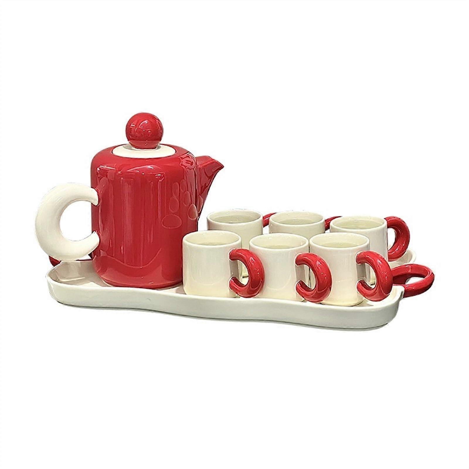 Ceramic Teapot Set with Cups and Tray, Golden Handle, Microwave Safe Iced Tea Pitcher