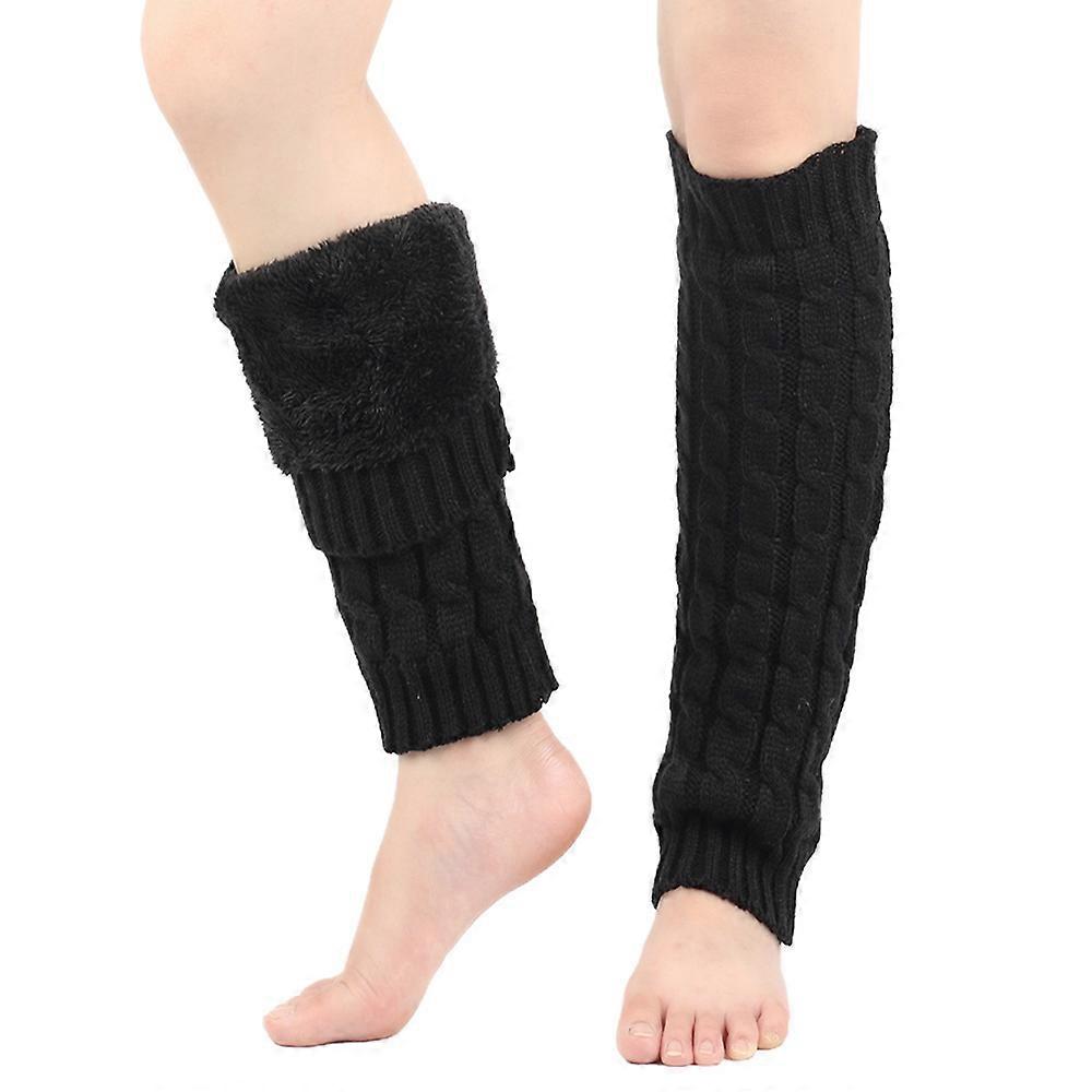 Black-Knitted Leg Warmers with Cable Pattern, Solid Color, Double Layer, Plush Lined, Elastic, for the Winter Season