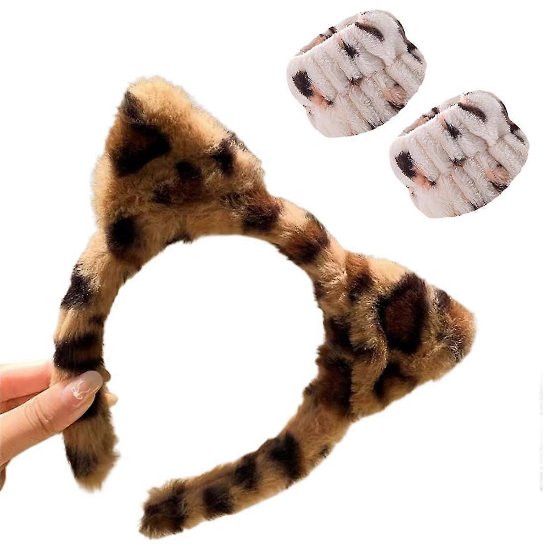Leopard Print Makeup Headband Set with Waterproof Moisture Blocking Soft Sponge Wristbands