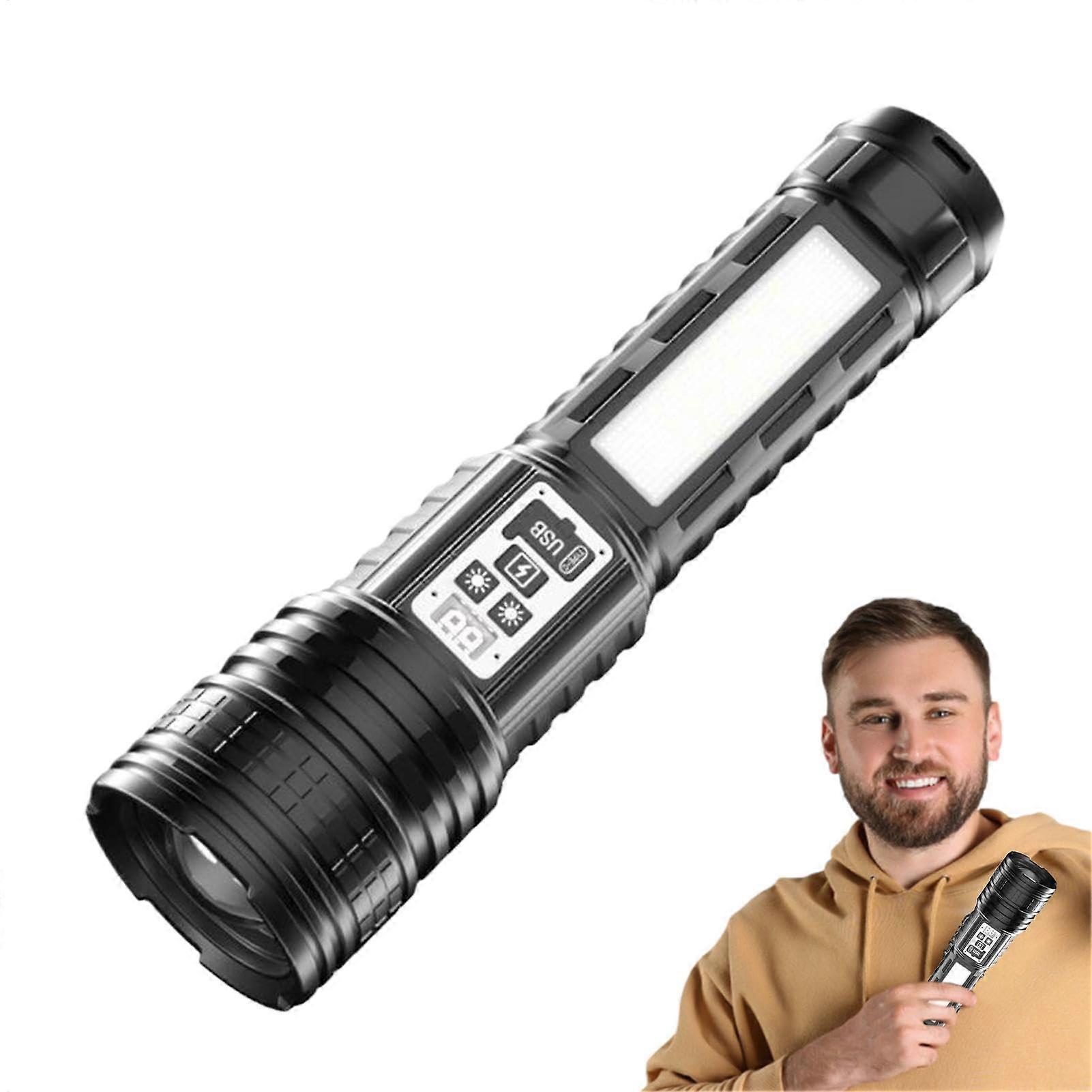 Powered LED Flashlight with Side Light, Long Range Outdoor Rechargeable Torch with LCD Display