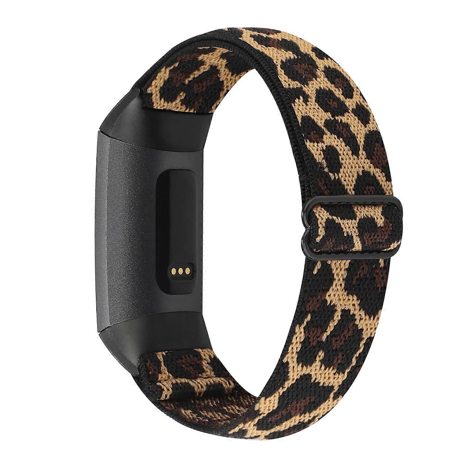 Adjustable Elastic Nylon Breathable Sport Loop Dark Brown Leopard Strap for Fitbit Charge 4/3
