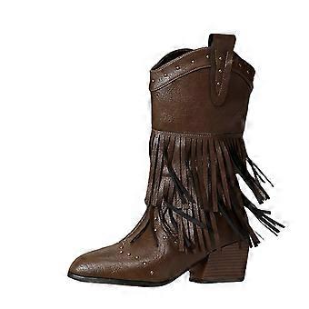 Tassel Pointed Toe Cowboy Boots For Women Western Style Mid-Calf Casual Boots Pu Material In Brown Size 5 Us