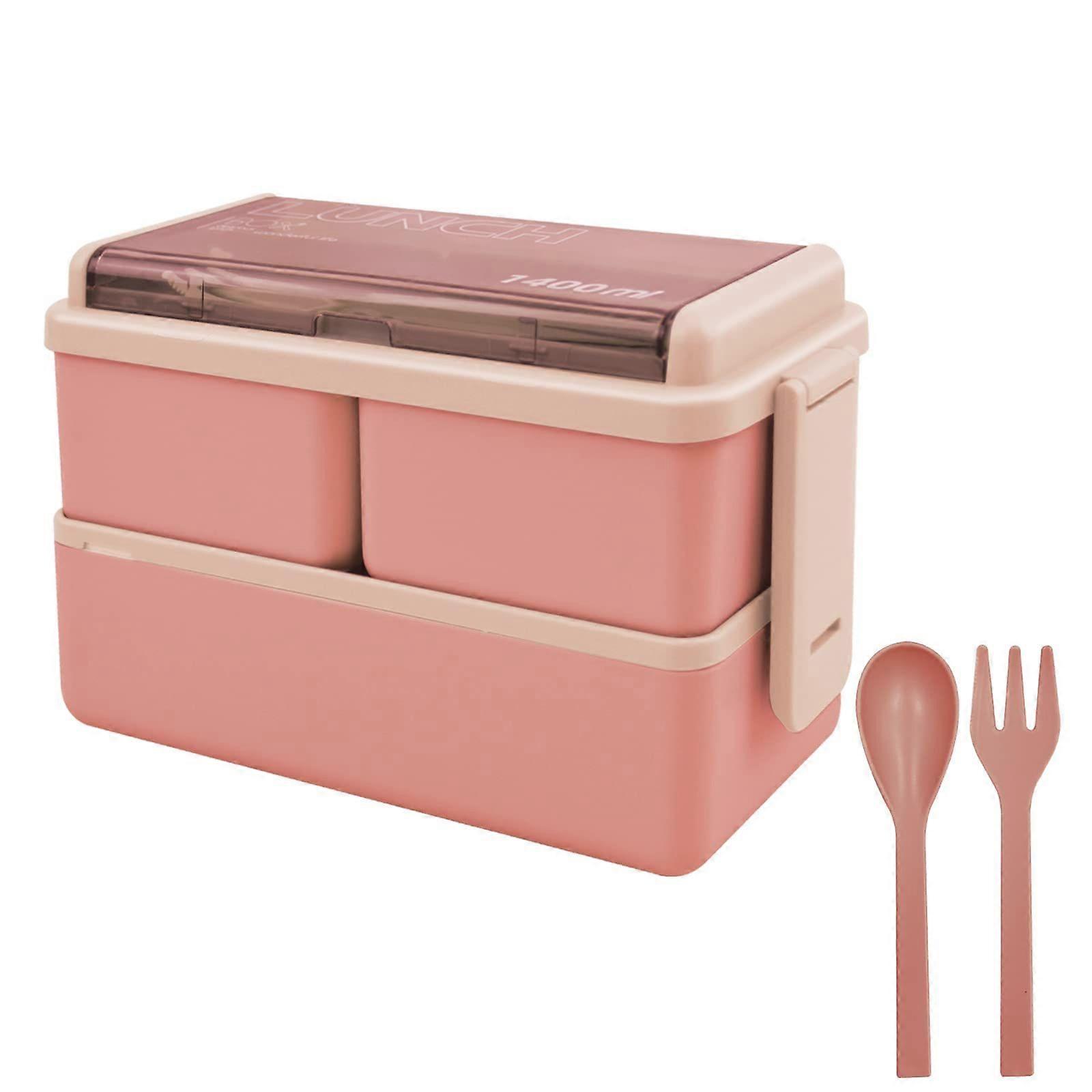 Bento Lunch Box Stackable,1400ml Containers with 3 Removable Compartments and Cutlery, Leak Proof 2 Layer Boxes(Pink)