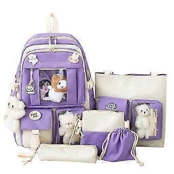 Mochila com acessórios pendentes bonitos conjunto de 5 peças, bolsa escolar de lona grande, bolsa escolar da moda 43 * 30 * 13cm-roxo