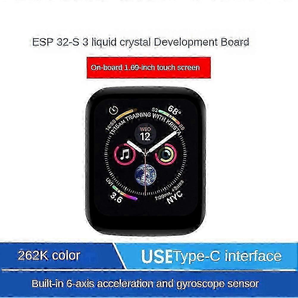 ESP32-S3 microcontroller development board with 1.69 inch LCD touchscreen, 240x280 resolution, ST7789V2 controller and 3-axis accelerometer.WHBYV