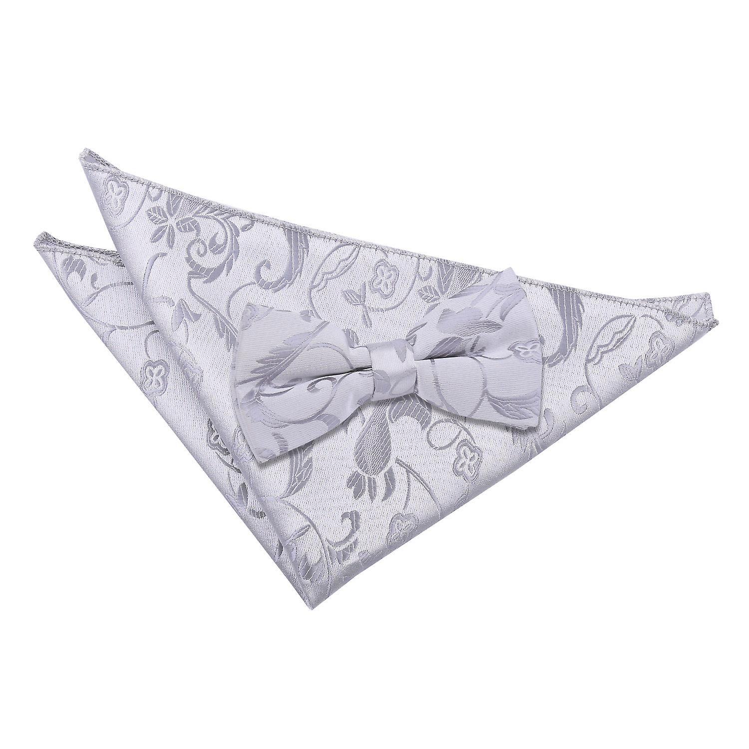 Silver Floral Bow Tie and Pocket Square Set