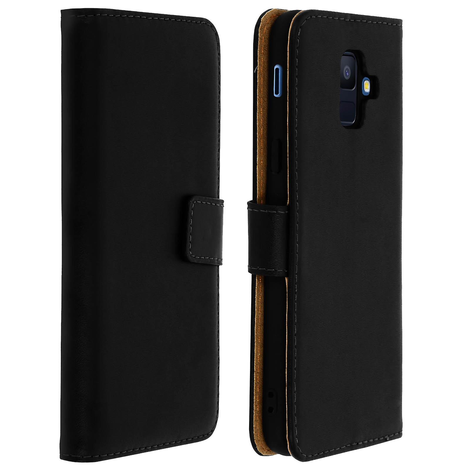 Leather Folio Case for Galaxy A6, Video Stand Real Leather Black