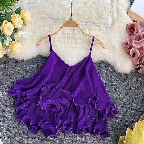 Strap V-collar Sleeveless Double-layer Ruffles Blouse