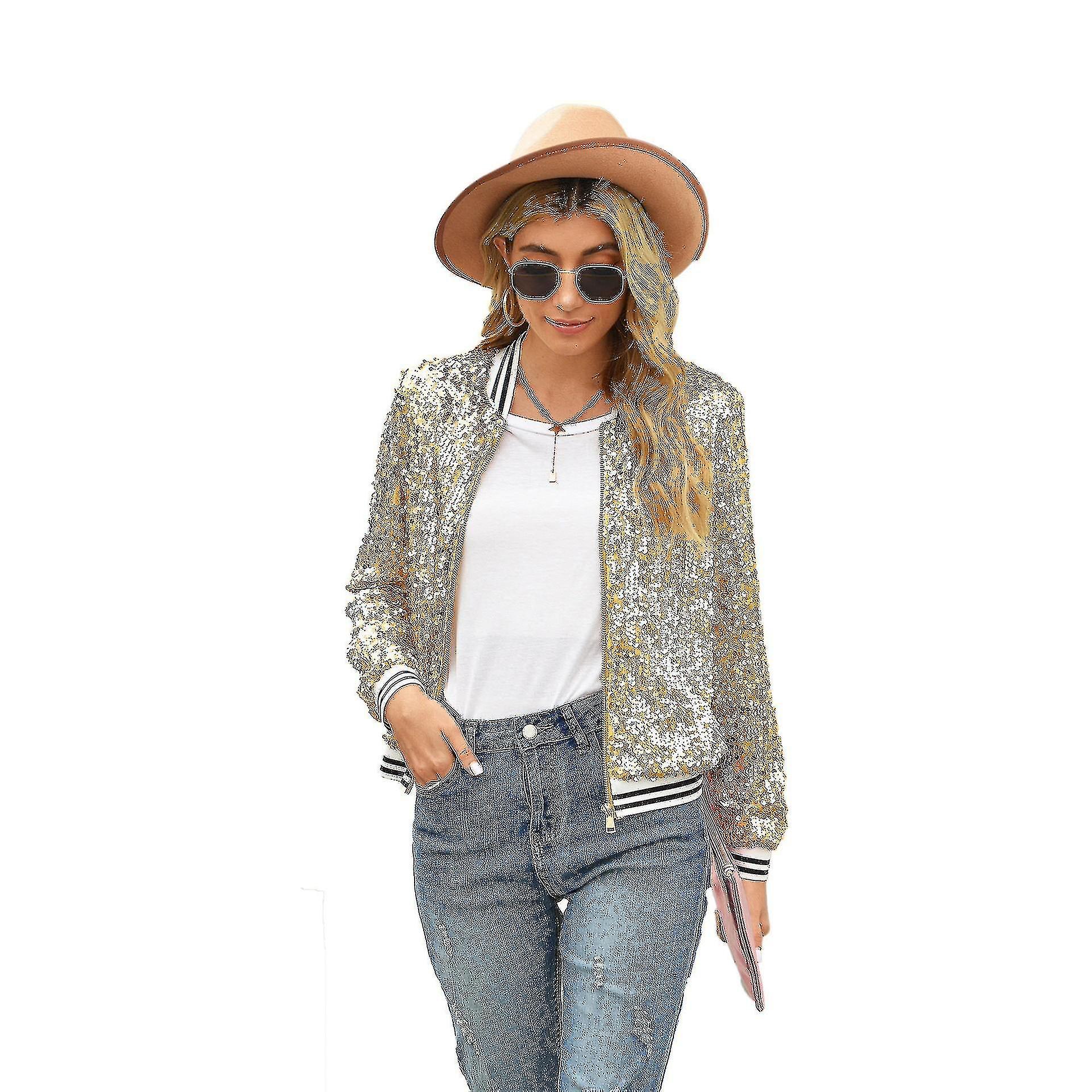 Women's Sequin Fitted Long Sleeve Zipper Blazer Bomber Jacket