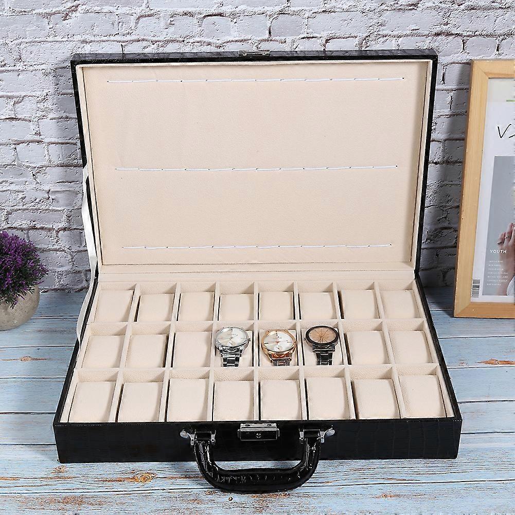 24 Grid Watch Storage Suitcase PU Leather Large Space Watch Storage Case with Key