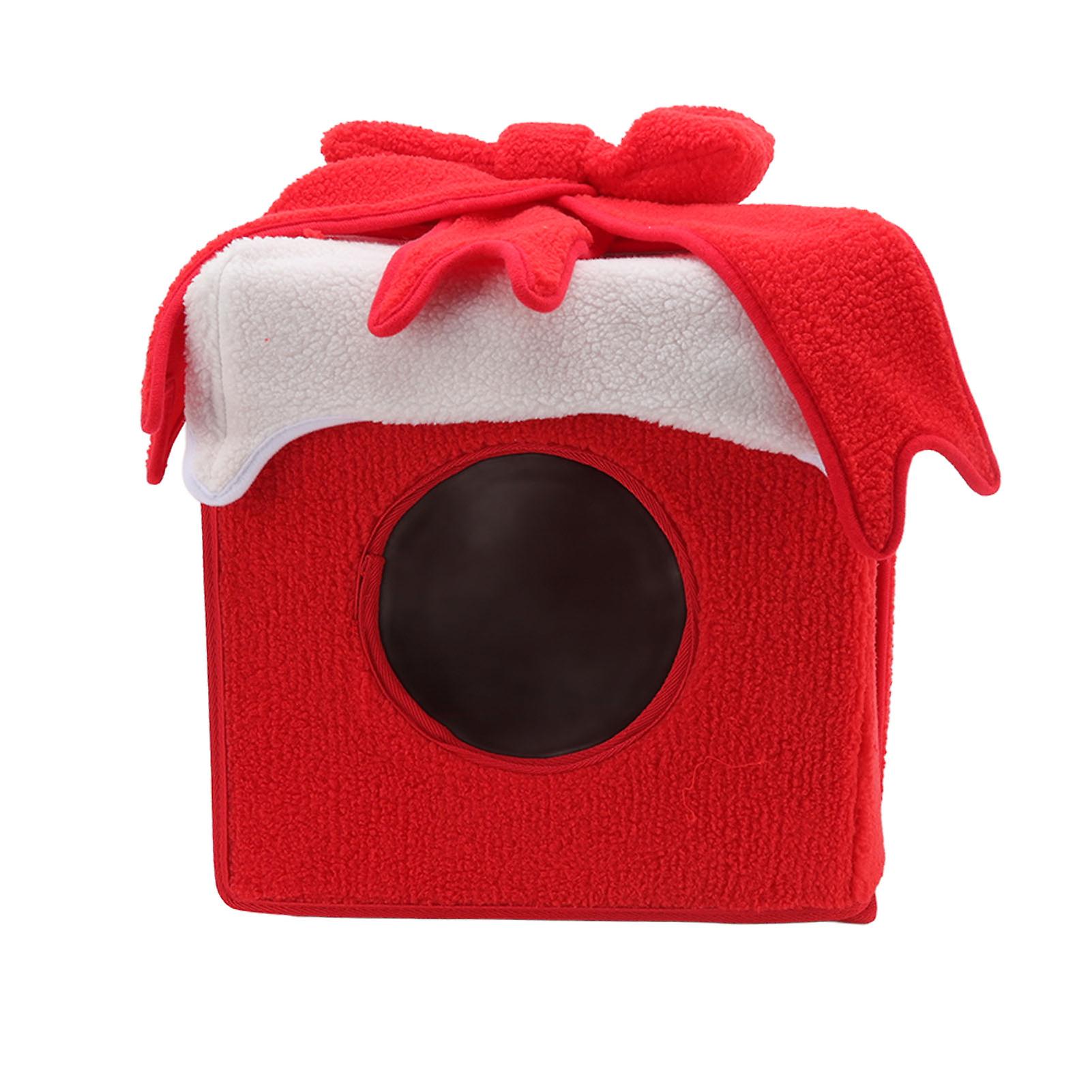 Christmas Cat Bed Christmas Box Style Soft Comfortable Lint Vivid Colors Christmas Cat Tent for Cat Pet Red