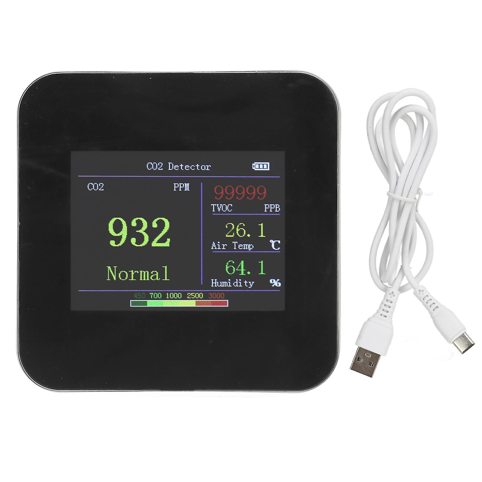 Compact Air Quality Monitor: Tracks CO2, Temp & Humidity, USB-C Charging with Battery