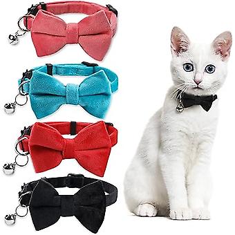 4 Pack Velvet Cat Collars with Bow Tie and Detachable Bell Safety Collar for Small Puppy and Kitten (Black, Red, Blue, Pink)