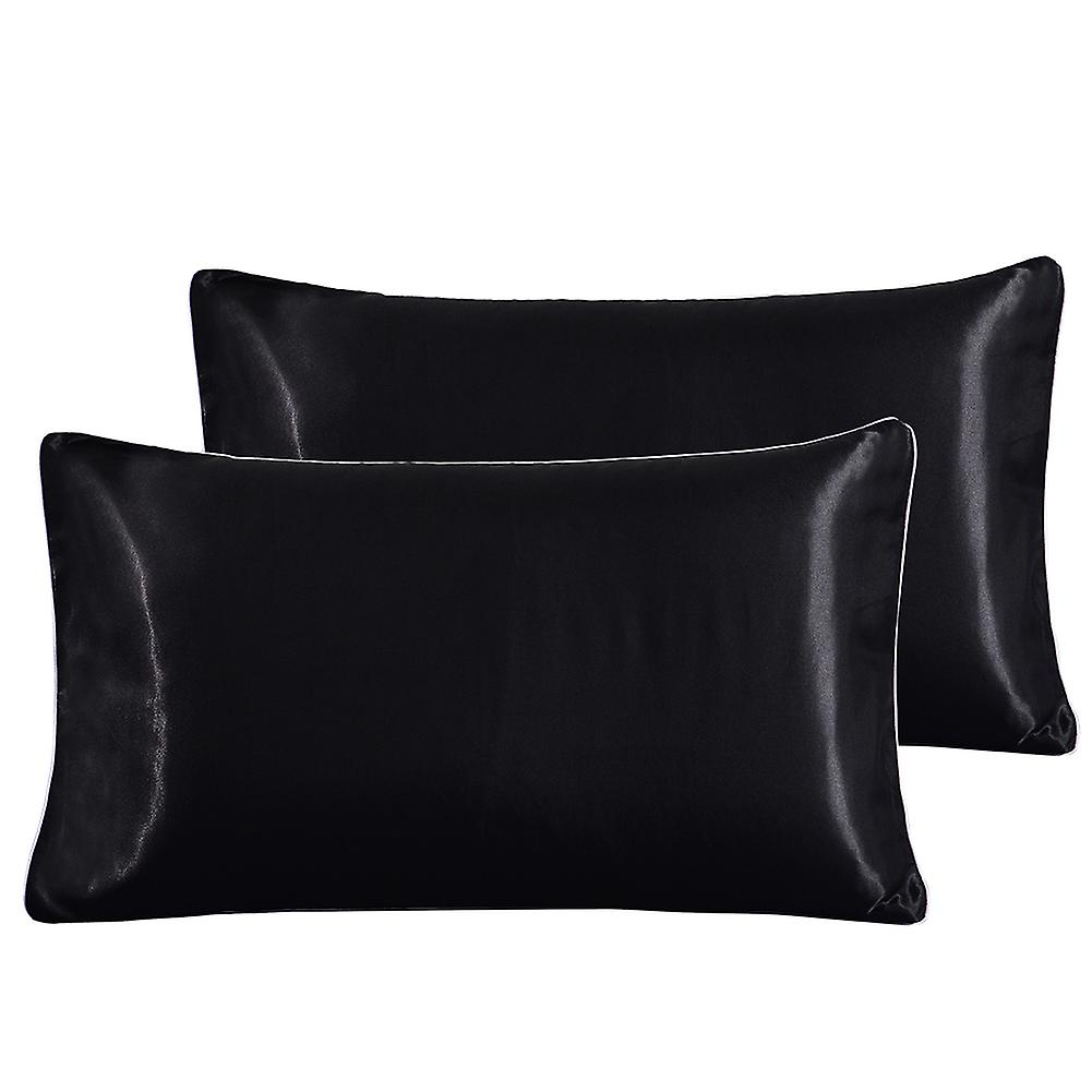 2pcs Artificial Silk Breathable Comfortable Pillowcase Pillow Case (Black S)