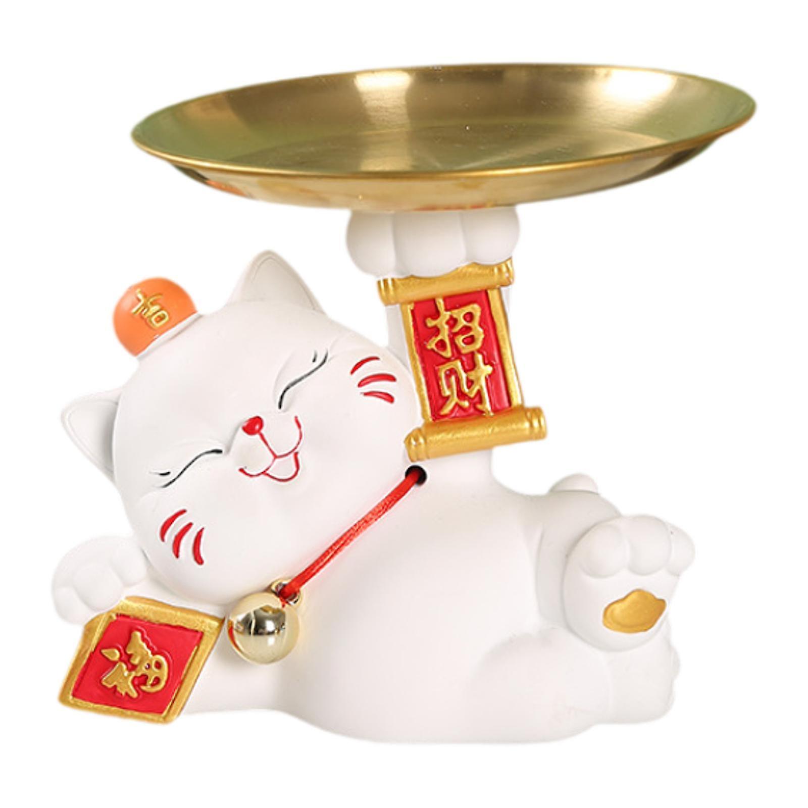Lucky Cat Statue with Tray Ornament Desktop Organizer for Home Bedroom Shelf White
