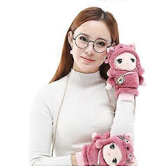  Frauen Cartoon Chinchilla Stickerei Fuzzy Plüsch Handschuhe mit Schnur Winter Winddicht Verdicken Futter Fäustlinge Handwärmer