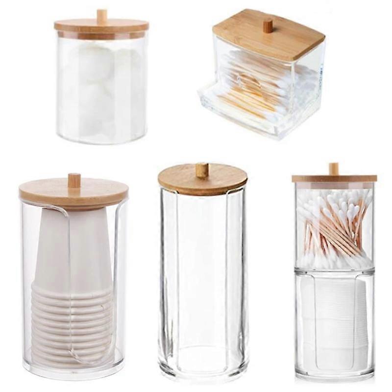 Acryl-Aufbewahrungsbox Badezimmerglas Make-up-Organizer Baumwolle Rundpad-Halter Wattestäbchen-Box Qtip-Halter Spender mit Bambusdeckel