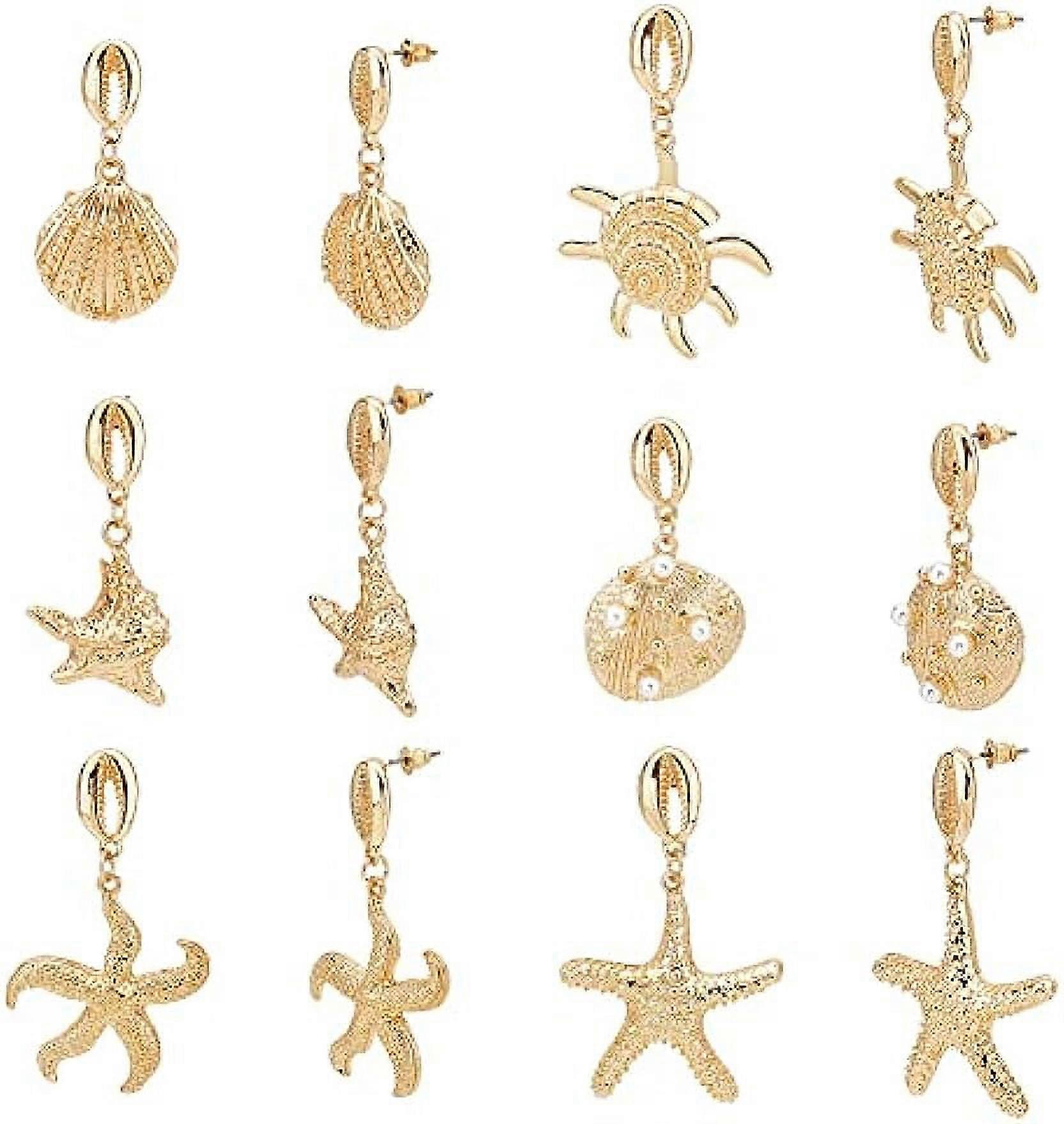 6 Pairs Boho Gold Earrings for Women 3 Style Starfish Shell Earrings Asymmetric Dangle Stud with Abs Imitation Pearl Beaded for Summer Seaside Hallowe