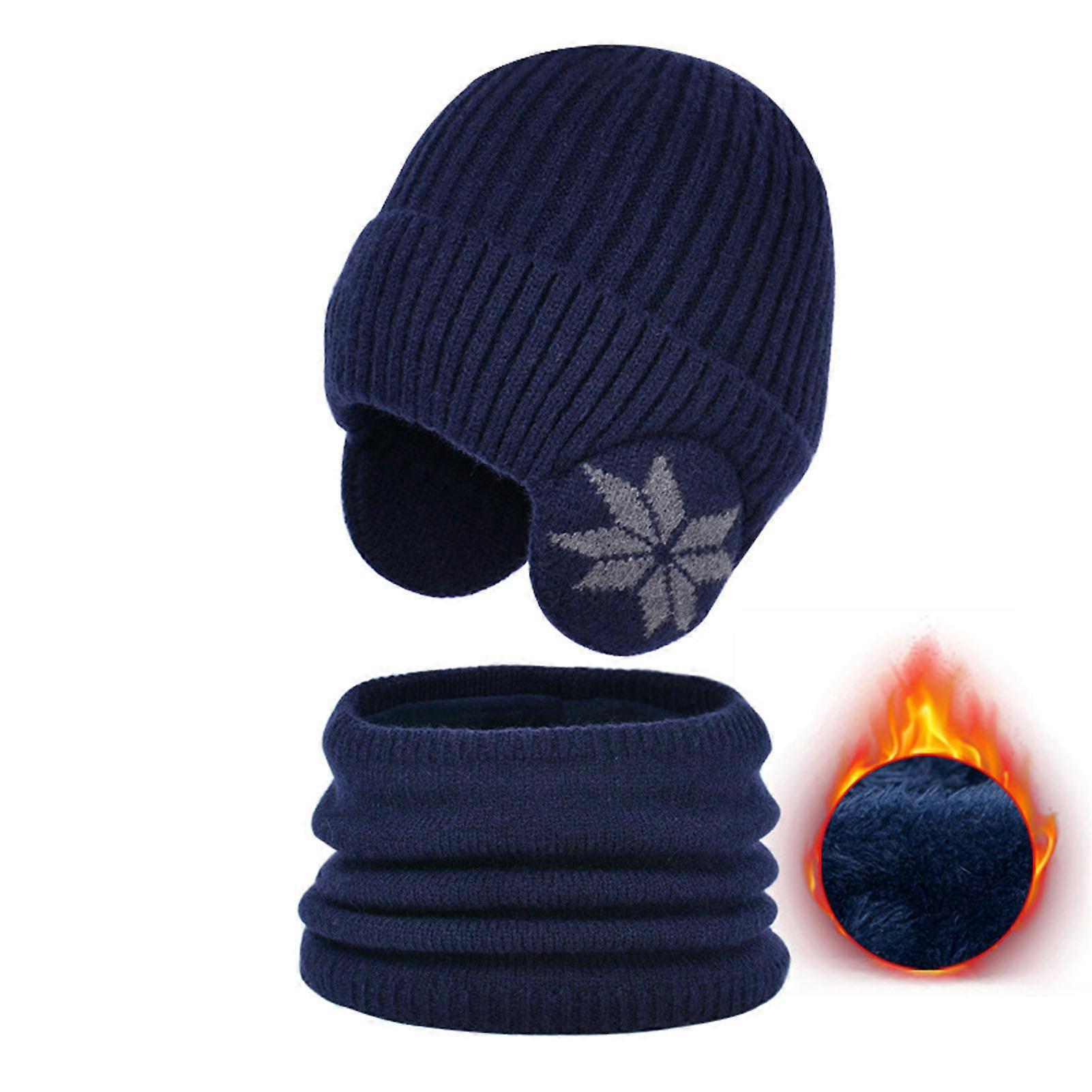 Winter Knitted Scarf Hat with Ears Pad Windproof Warming Knitting Beanie for Outdoors
