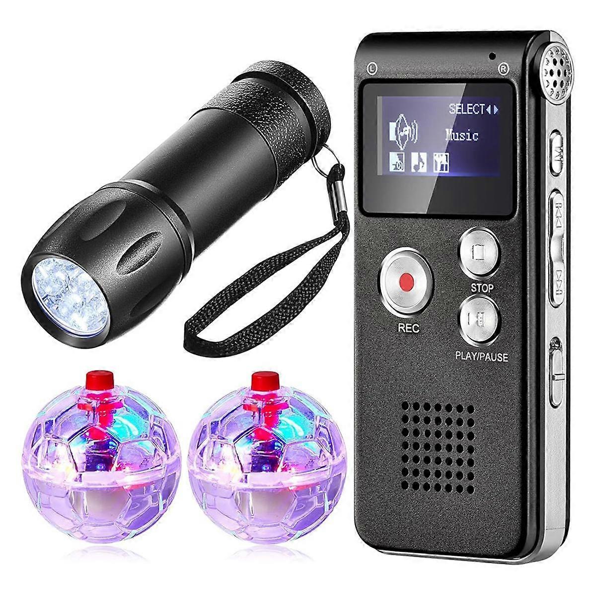 4 Pcs Ghost HuntingEquipment Kit Includes 1Digital Voice Recorder 2 LED Light Up Pet Cat Ball 1 Bla