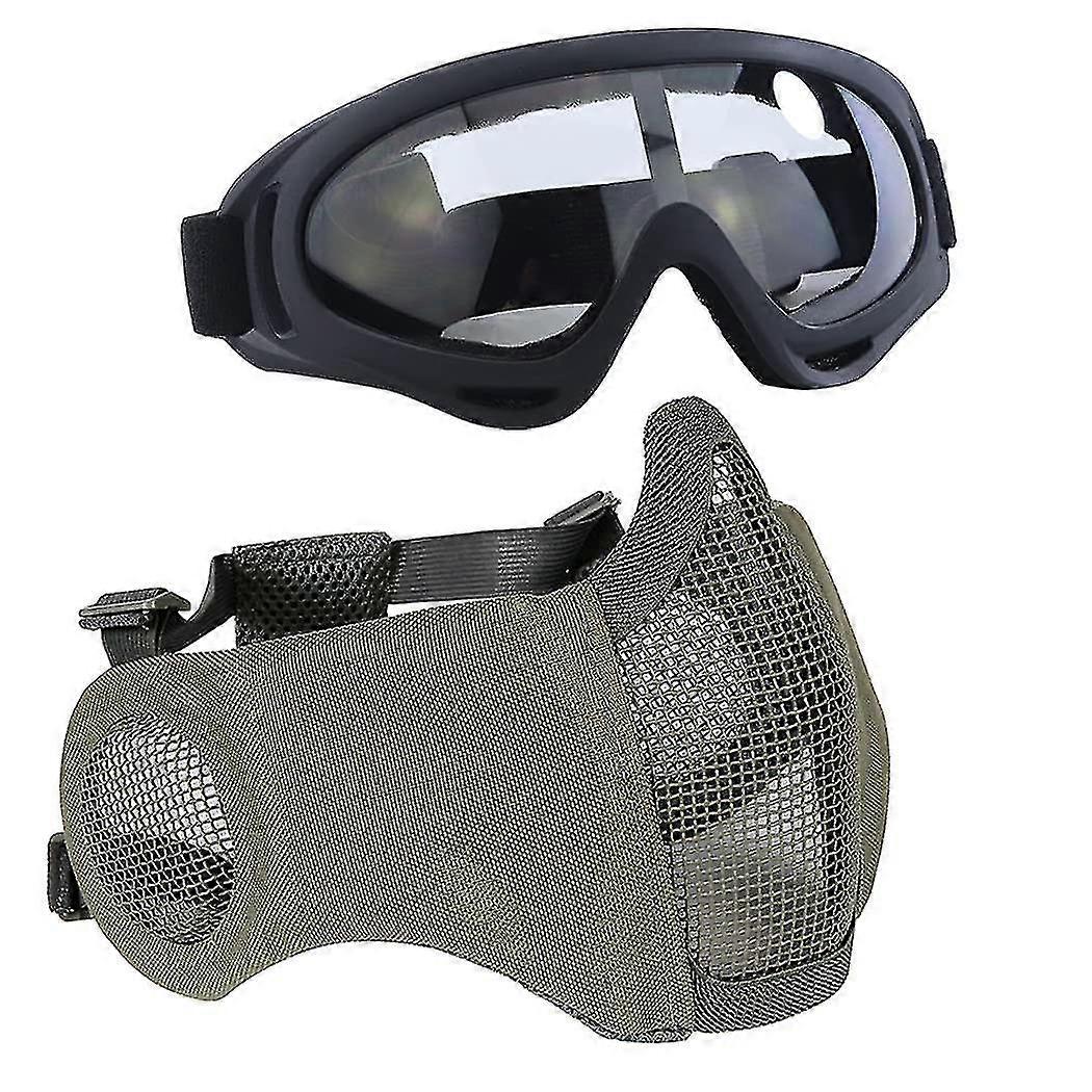 Airsoft Protective Kit With Mesh Half Mask With Ear Protection And Goggles - For Cs/hunting/paintball/shooting