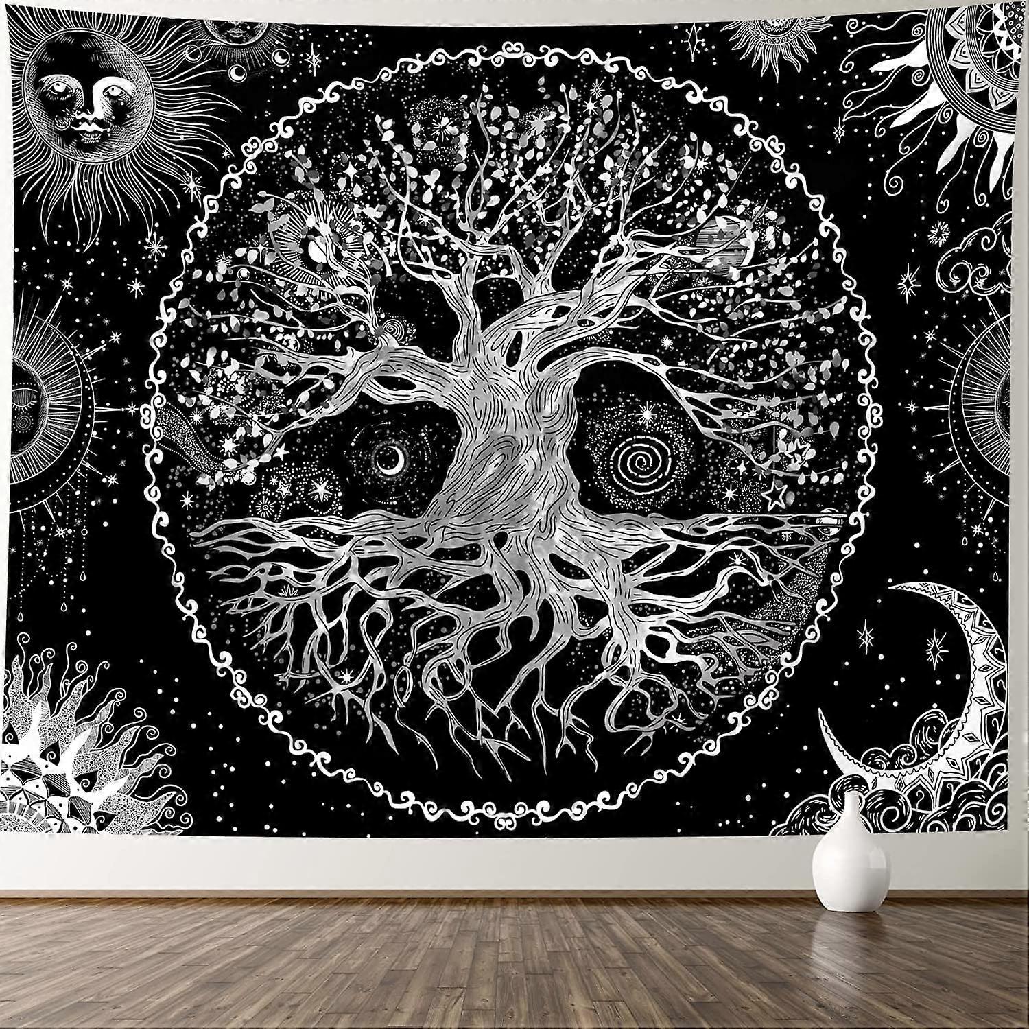 Life Tree Tapestry Wall Hanging Black and White Wishing Tree Galaxy Space Sun and Moon Tapestries Psychedelic Wall Carpet Mystic Aesthetic Wall Tapest