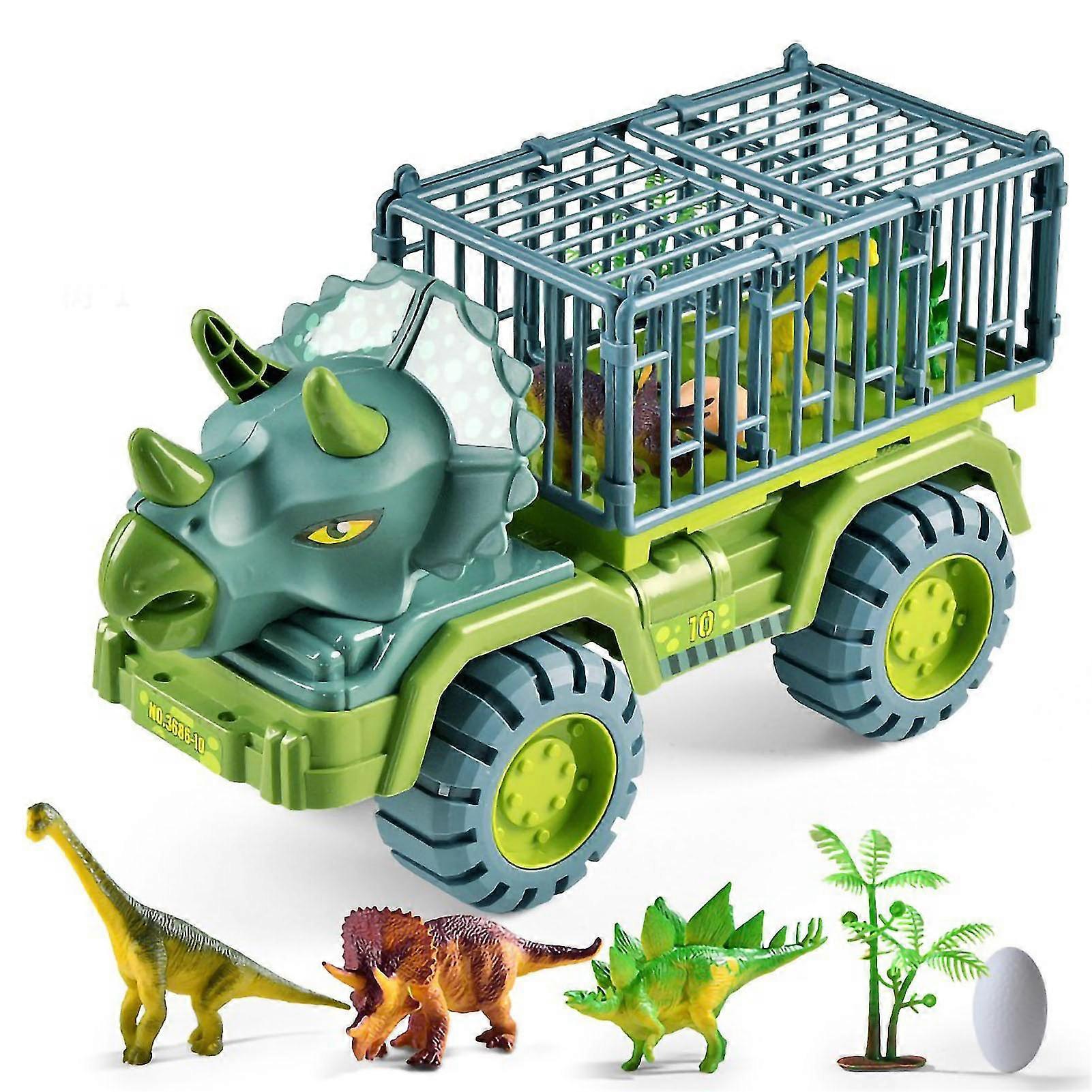 Drop Resistant Dinosaur Toy Truck with Triceratops Transporter, 3 Dinosaurs, Egg, and Tree