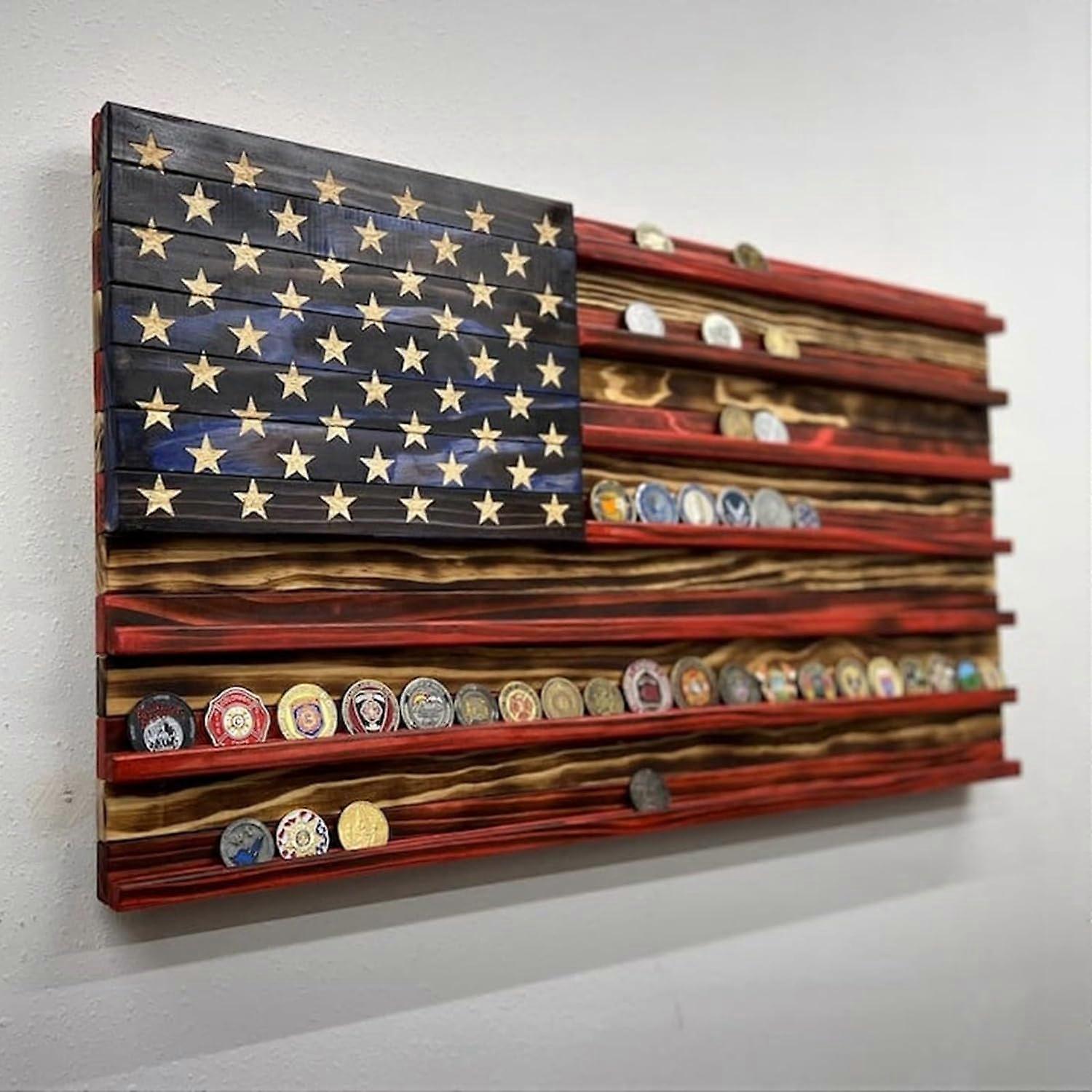 Challenge Coin Display American Flag - Håndlavet flag Challenge Coin Rack Erindringsmønt Display Holder Wall Memorial Day Decor