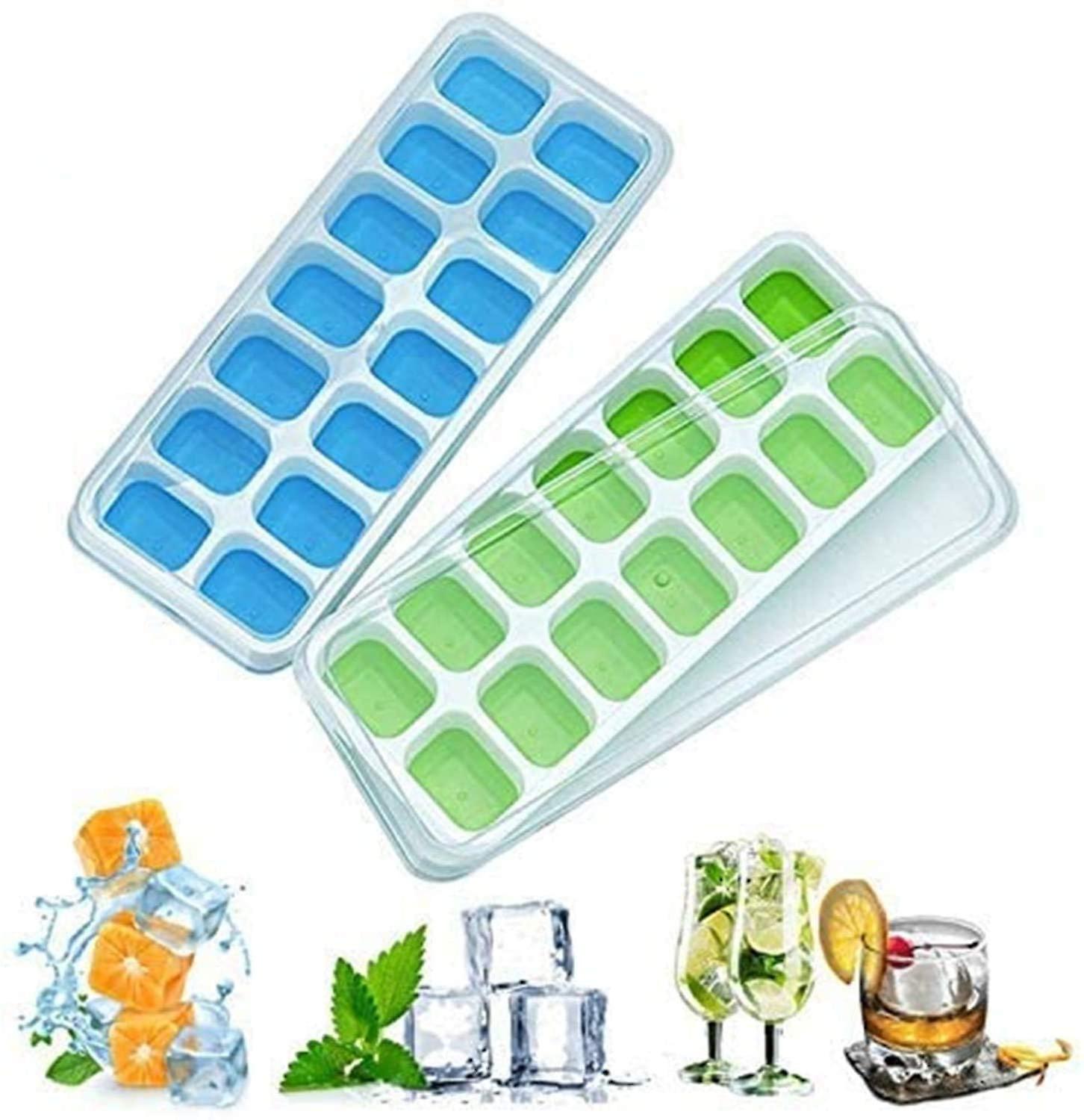 Ice Cube Trays With No-spill Removable Lid, Lfgb Certified Bpa Free Moulds,easy-release Silicone And Flexible 28-ice Traysgreen & 1blue