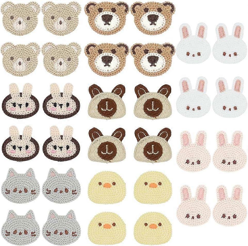 DIY 32 PCS 8 Style Crochet Animal Applique Rabbit Bear Chick Cat Polyester Embroidered Appliques 1.4x1.5 inch Cartoon Animal Embroidery Patches Sewing