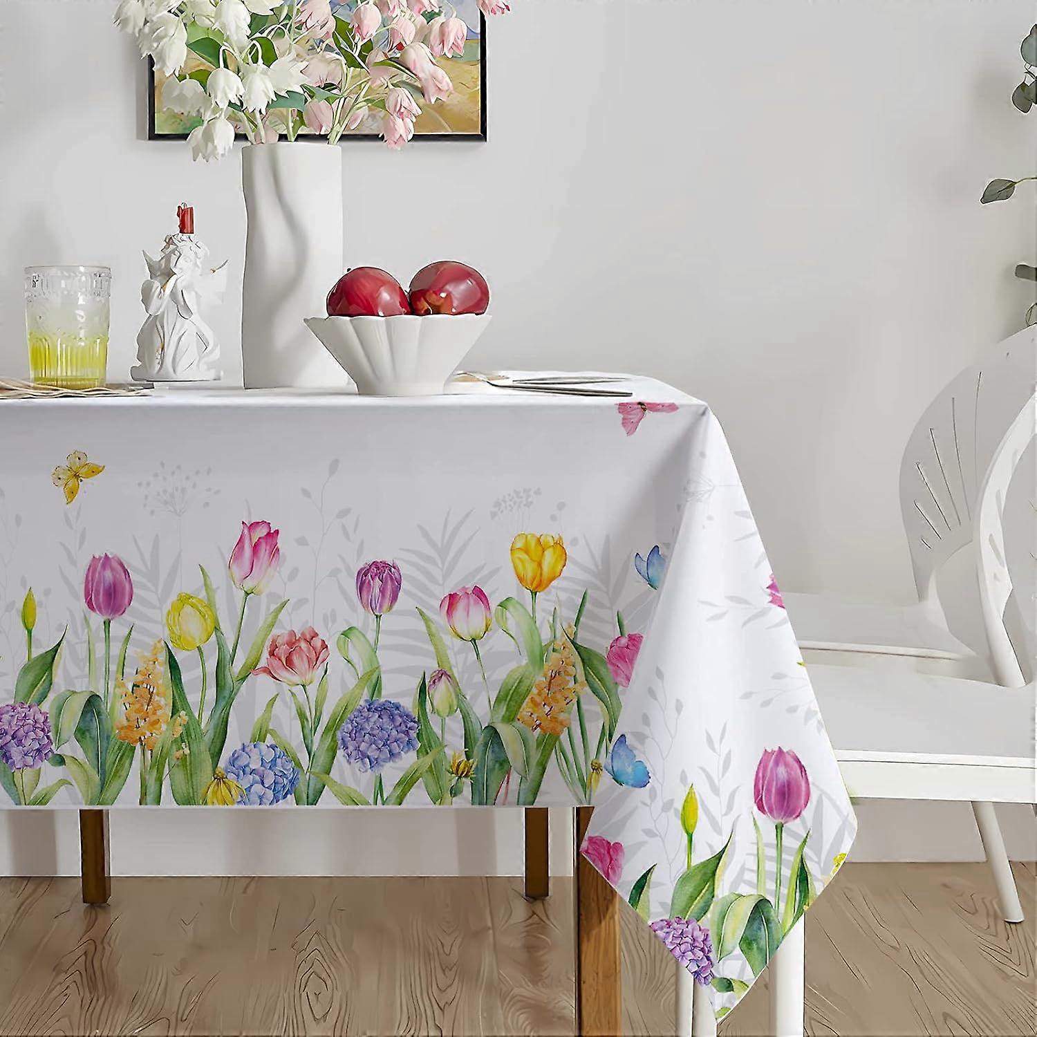 Spring Rectangle Tablecloth Waterproof Floral Botanical Border Fabric Table Cloth Stain and Wrinkle Resistant Spring Tablecloth for Dinner Kitchen and