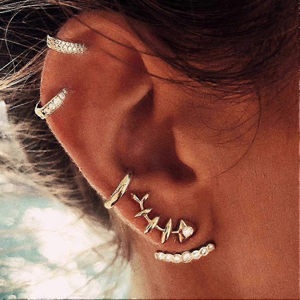 4pcs Earrings Set Geometric Fishbone Full Diamond Back Hangings Ear Studs for Daily Use
