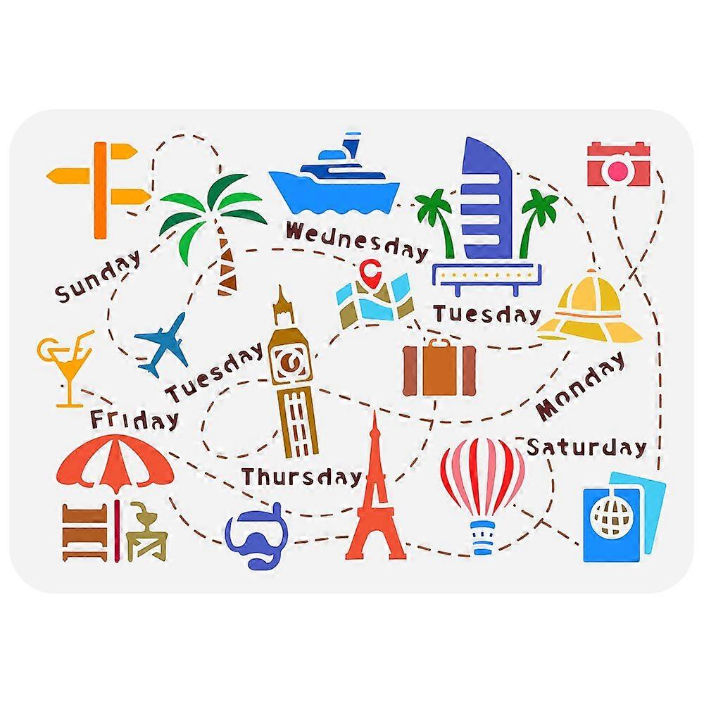 Travel Pattern Painting Stencil 11.7x8.3 inch Journey Theme Drawing Template Holiday Trip Plastic Stencil Reusable Craft Stencil for Painting on Wall