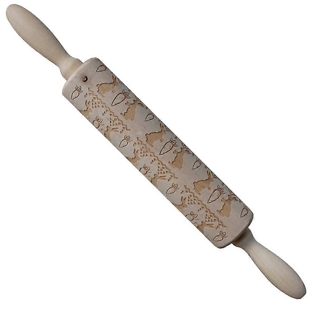 Kitchen Rolling Pin Bread Cookie Dough Roller with Rabbits&Carrots Carving