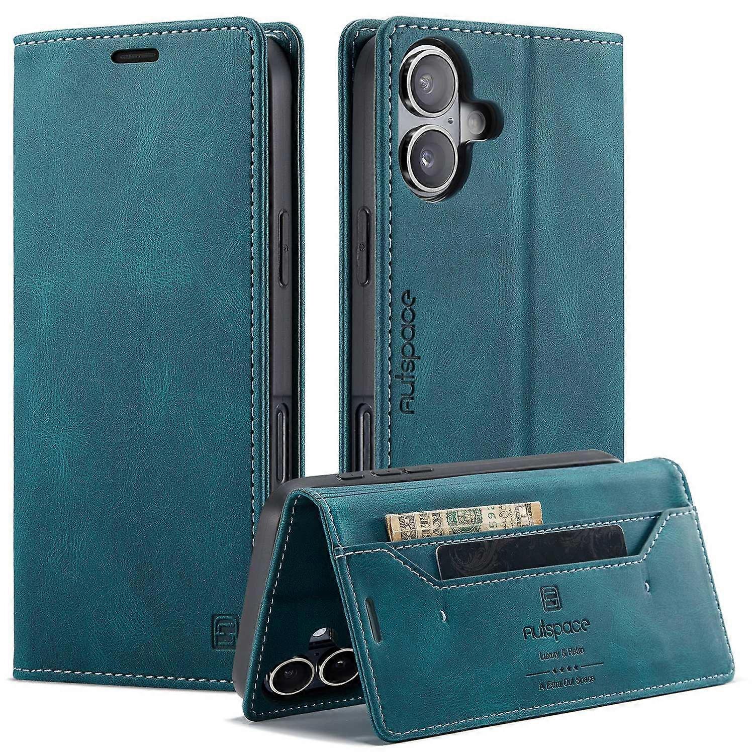 For iPhone 16 Plus Wallet Case AUTSPACE A01 Leather Stand Cover with RFID Blocking Card Holder