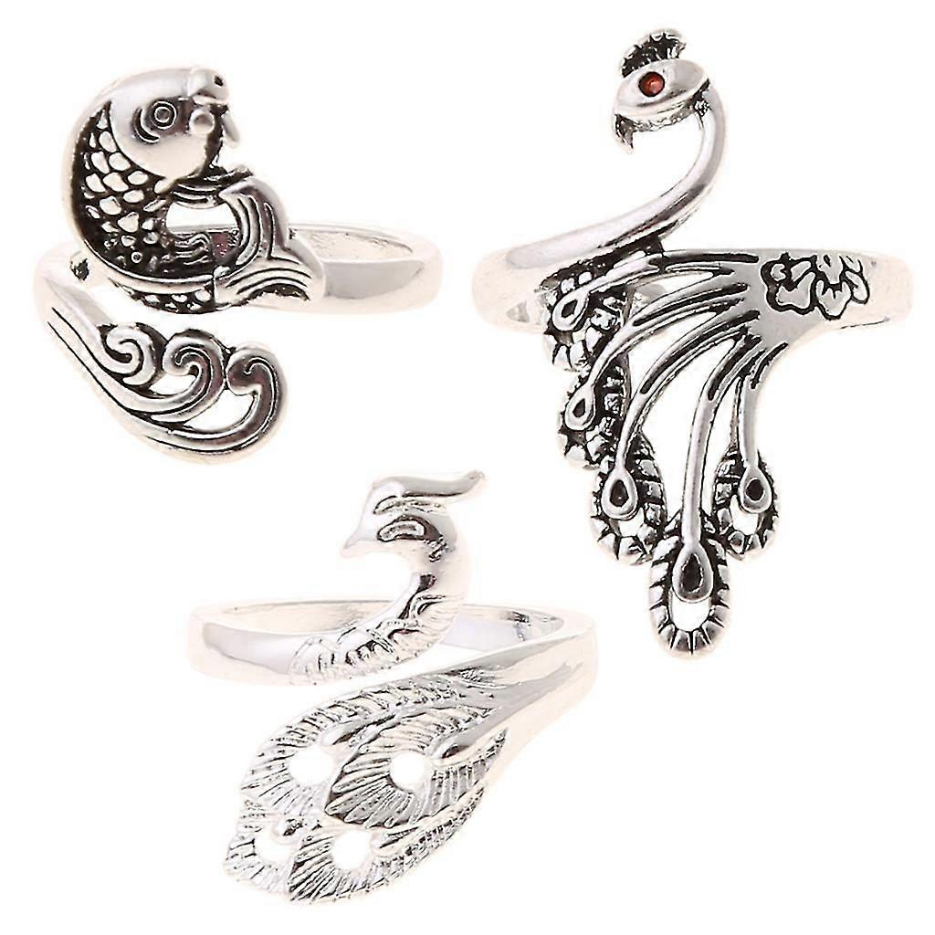3 PCS Knitting Loop Crochet Ring Set Fish Peacock Open Ring Gifts for Birthday