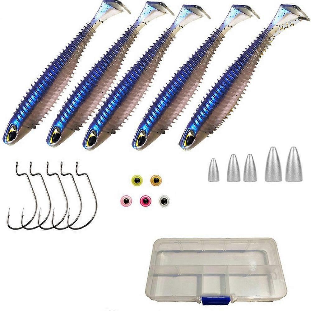 5 Sets 6.5cm 2.5g Soft Worm T-Tail Texas Rig Fishing Lures with Storage Box-Blue