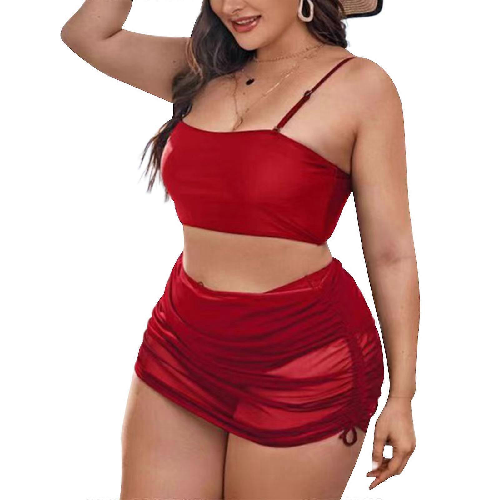 Bikini surdimensionné poitrine froncé Maillots de bain taille haute Maillot de bain fendu Perspective jupe couverture maillot de bain ensemble pour femmes rouge XL