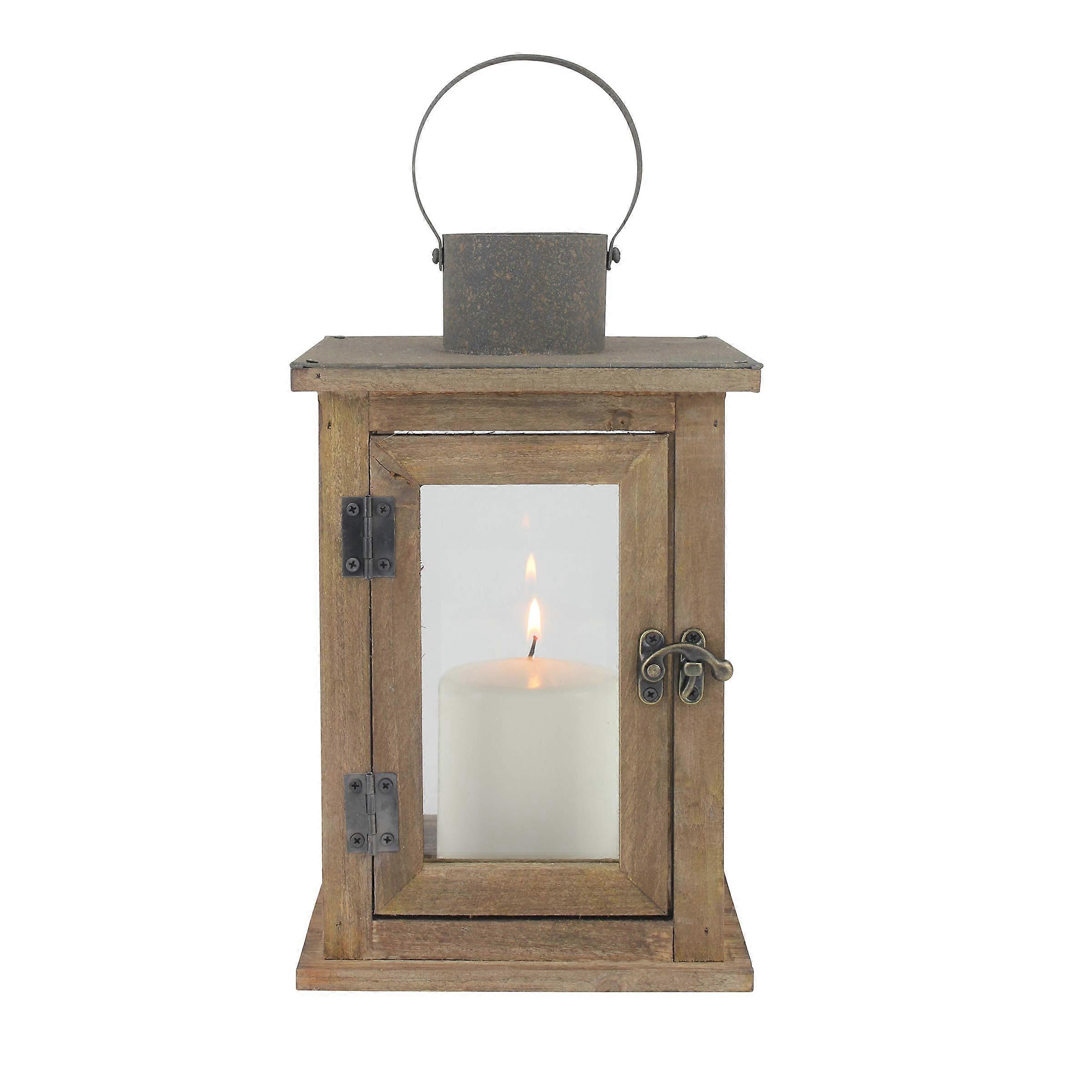 Decorative Wooden Brown Medium Candle Lantern for Home Decor 11"
