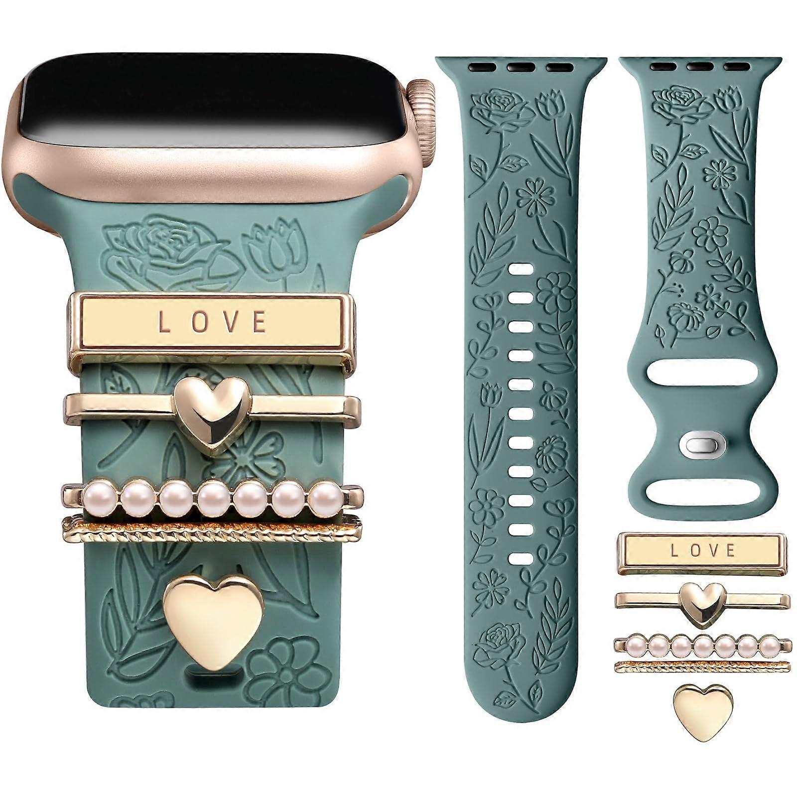 Soft Silicone Band Compatible with Apple Watch Bands for Women with Decorative Charms 40mm 38mm 41mm 42mm
