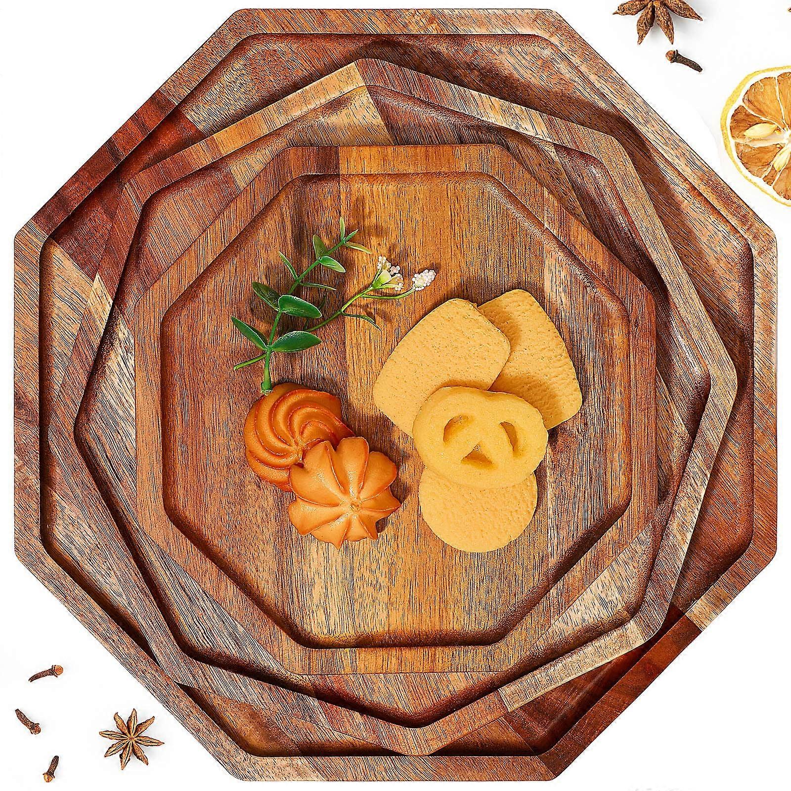 Acacia Wood Serving Tray 3-Piece Set Octagon Bread Fruit Platter Charcuterie Cheese Board 12-Inch 10-Inch 8-Inch