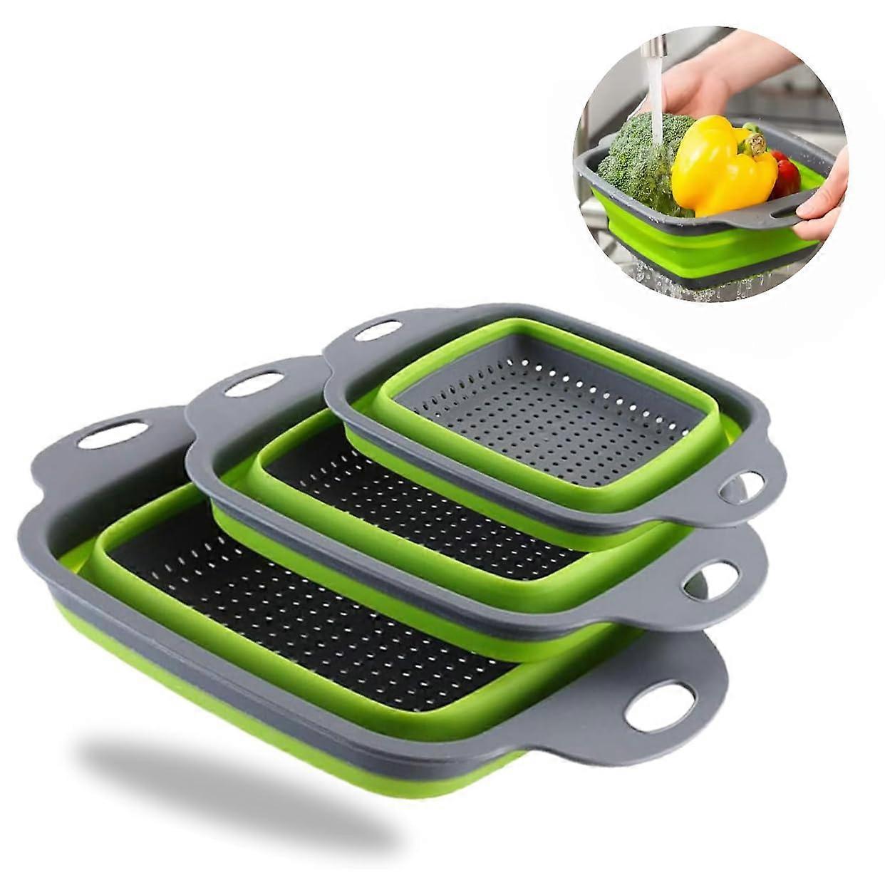 Silicone Collapsible Strainer Set of 3 for Easy Storage, Ideal for Pasta and Vegetables, Dishwasher Safe, Flexible Design