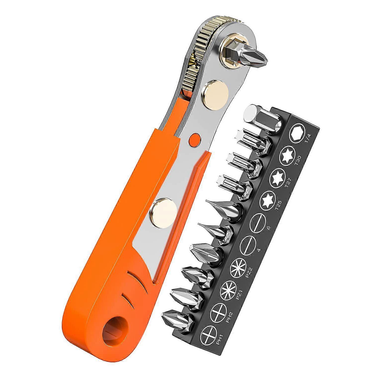Right Angle Phillips Magnetic Screwdriver, 1/4" Drive High Torque Offset Reversible Mini Ratchet Offset Screwdriver Set