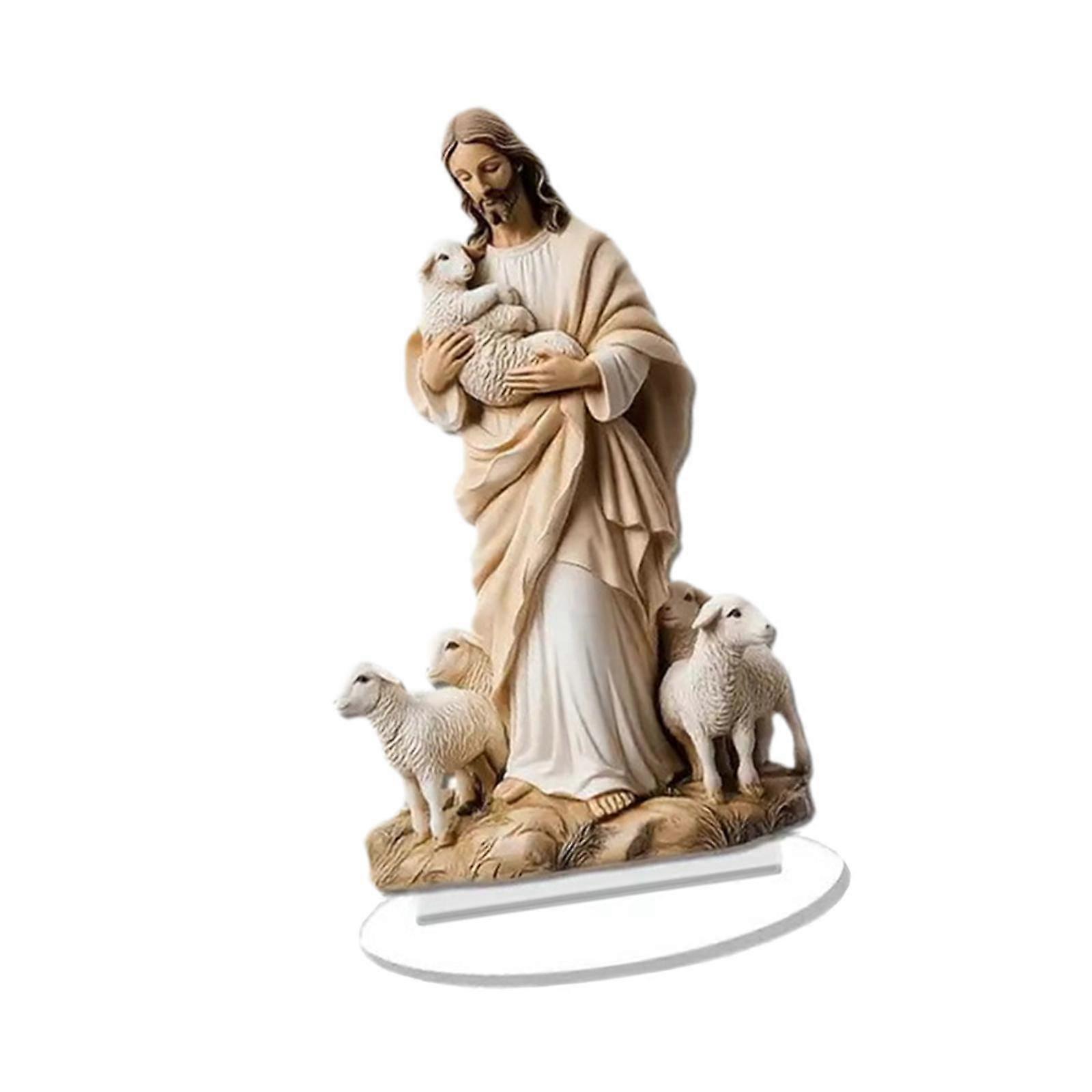 2D Flat Jesus and Lambs Table Sign with Base Accessories Tabletop Ornament