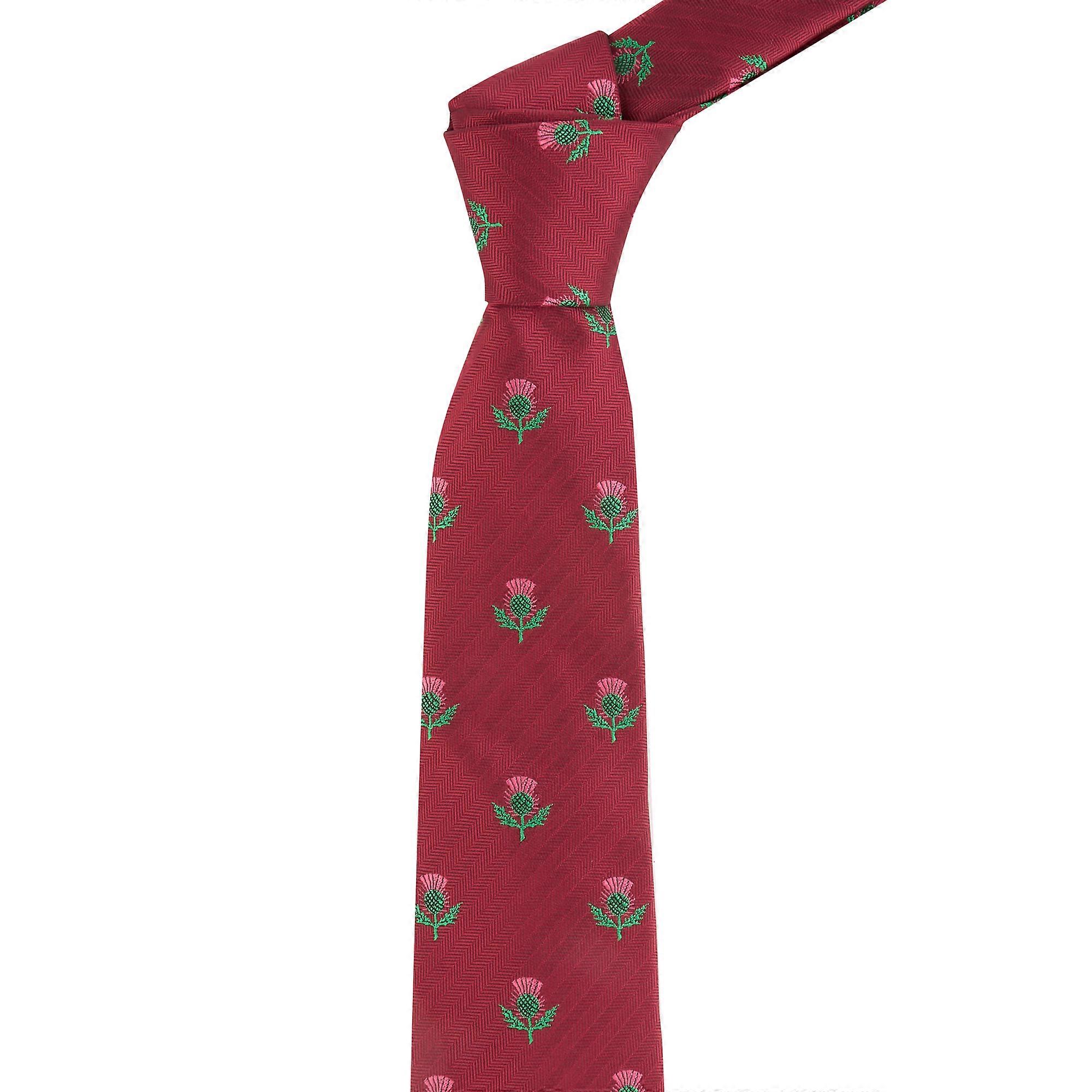 Burgundy Red Scottish Thistle Herringbone Tie